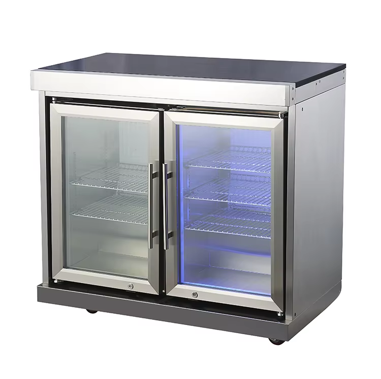 Outdoor kitchen stainless steel BBQ cabinet two fridage with marble countertop