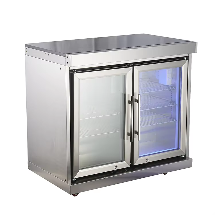 Outdoor kitchen stainless steel BBQ cabinet two fridage with marble countertop